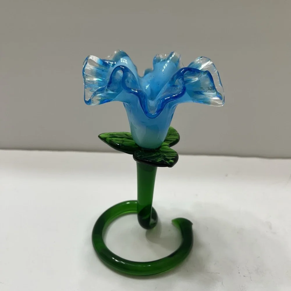Vintage Hand-Blown Art Glass Flower Vase Candle Holder Bright Blue Ruffled 6x4